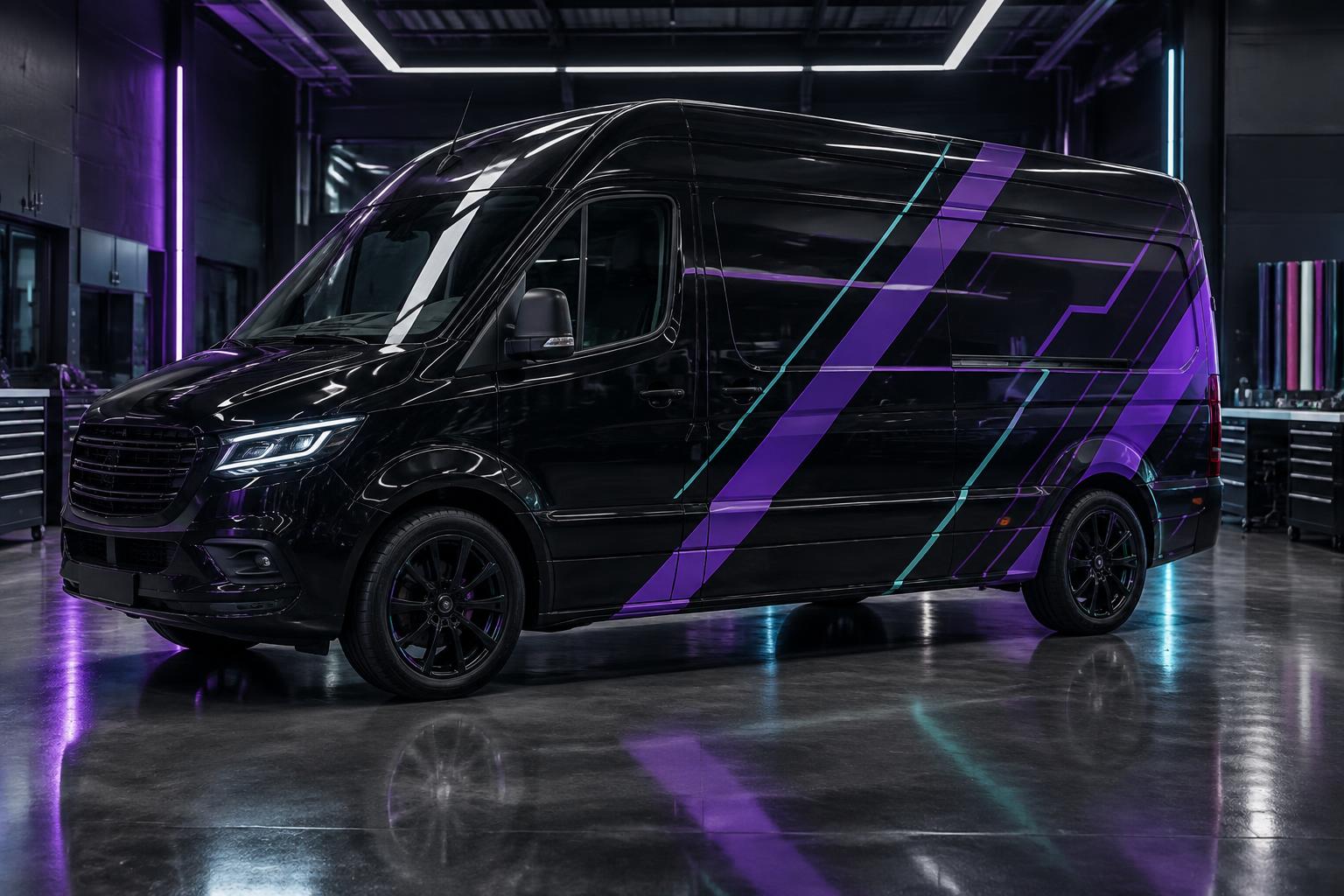 Schwarzer Transporter mit präziser Firmenbeschriftung in einer Premium-Werkstatt