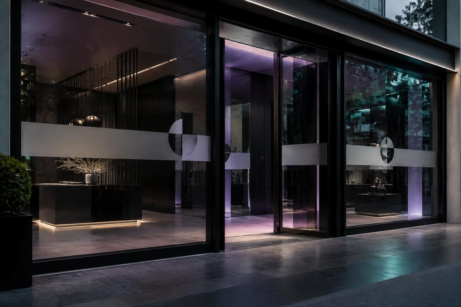 Luxuriöses Glas-Schaufenster mit minimalistischer Präzisionsbeschriftung