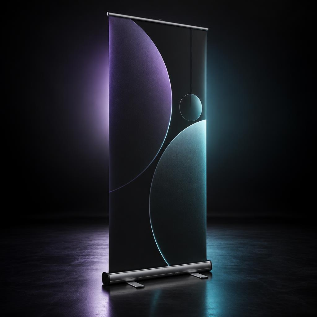 Aluminium Roll-Up Standard-Display auf schwarzer Präsentationsfläche